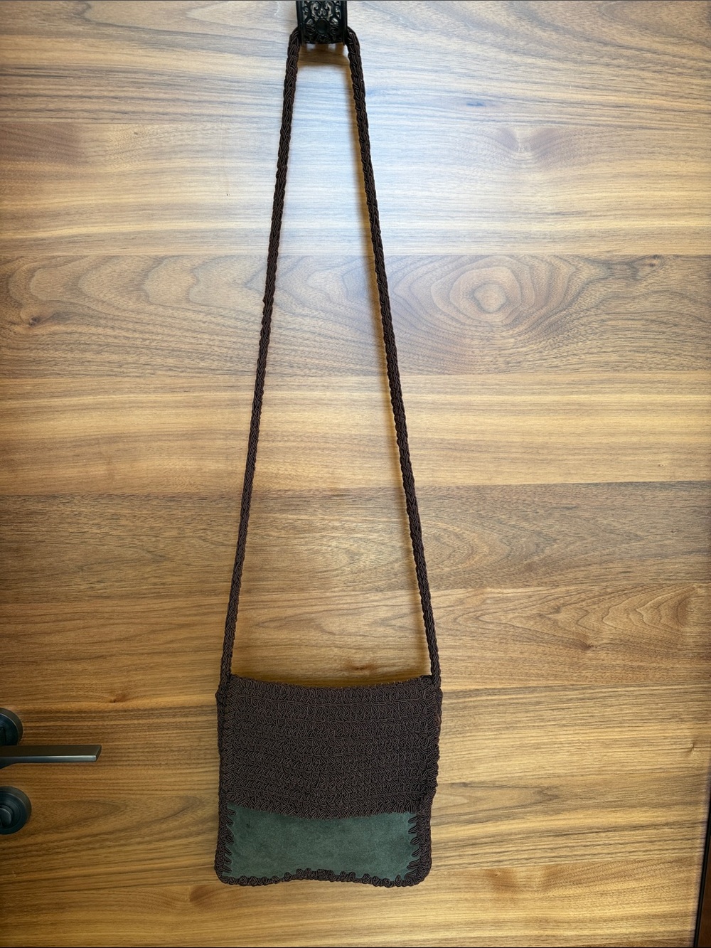 GAP Brown Crochet Crossbody with Green Suede Accent